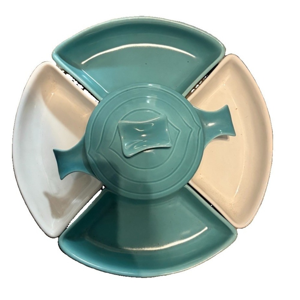 Vintage California Pottery Turquoise White 6pc Relish Tray Dip Bowl MCM